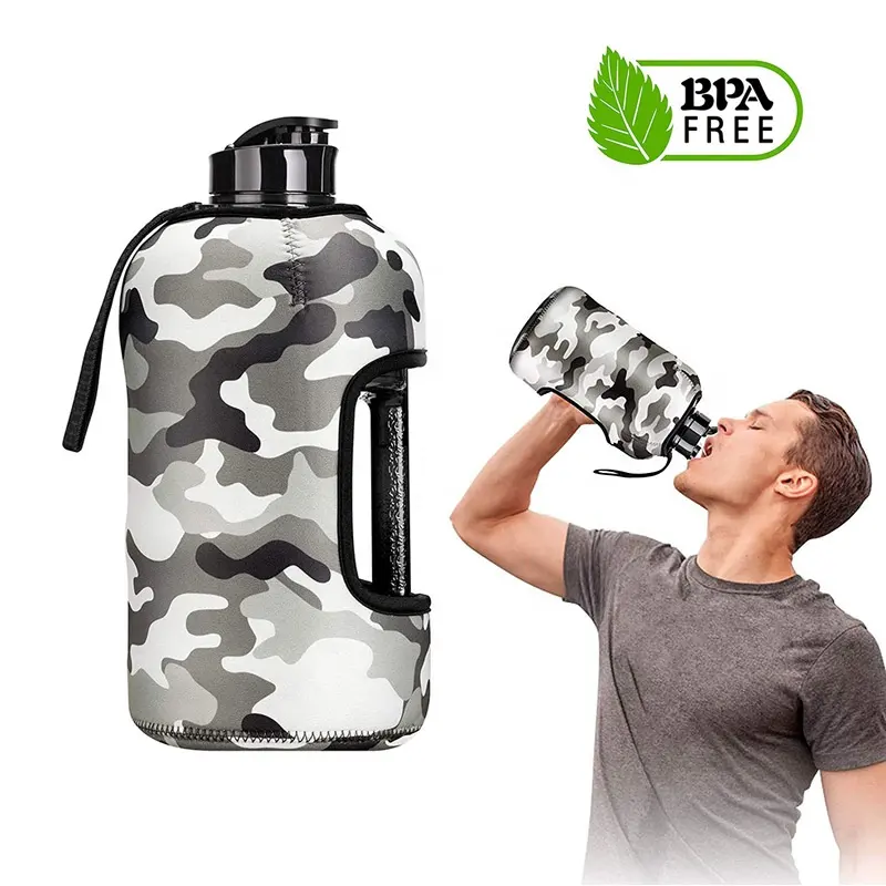 2.2L half Gallon Gym Customized Sleeve Bodybuilding BPA Free Big Sports Water Bottle with Case