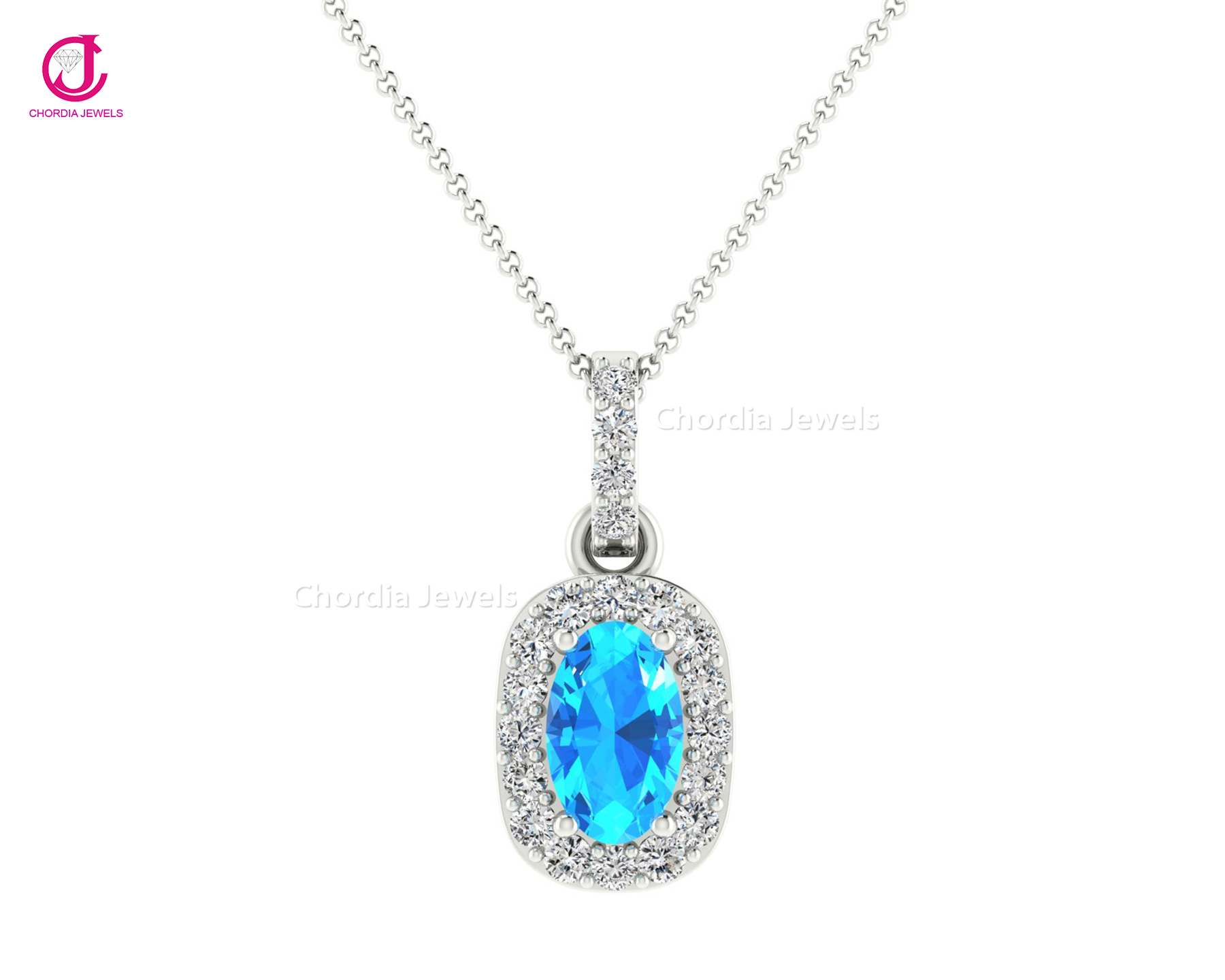 Elegance White Gold Halo Oval Pendant With Natural Swiss Blue Topaz &amp; 0.28 Cts Diamond For Women Certified Jewelry For Wedding