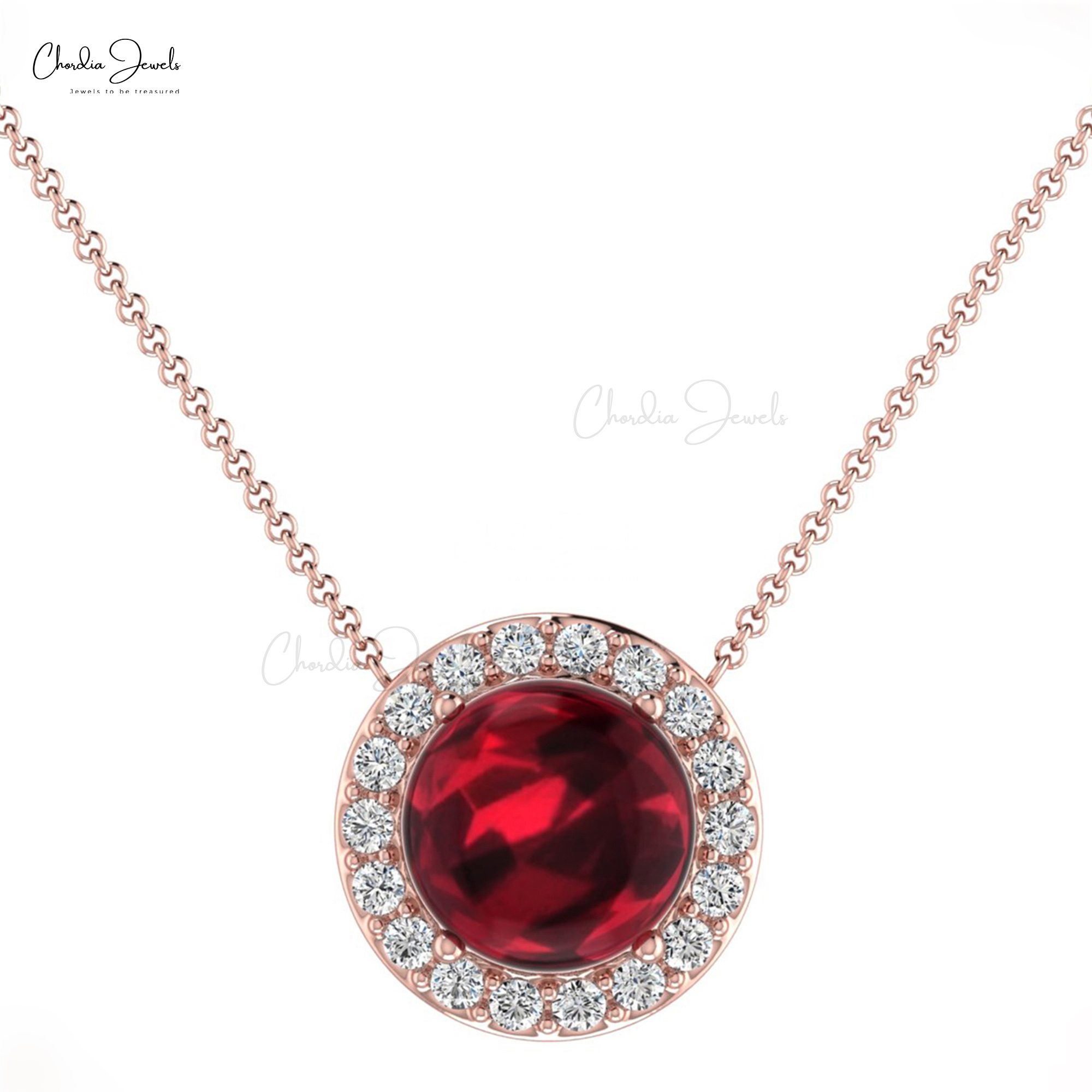 Trendy Round Halo Pendant With Natural Garnet & G-H Diamond 14K Gold Solitaire Pendant