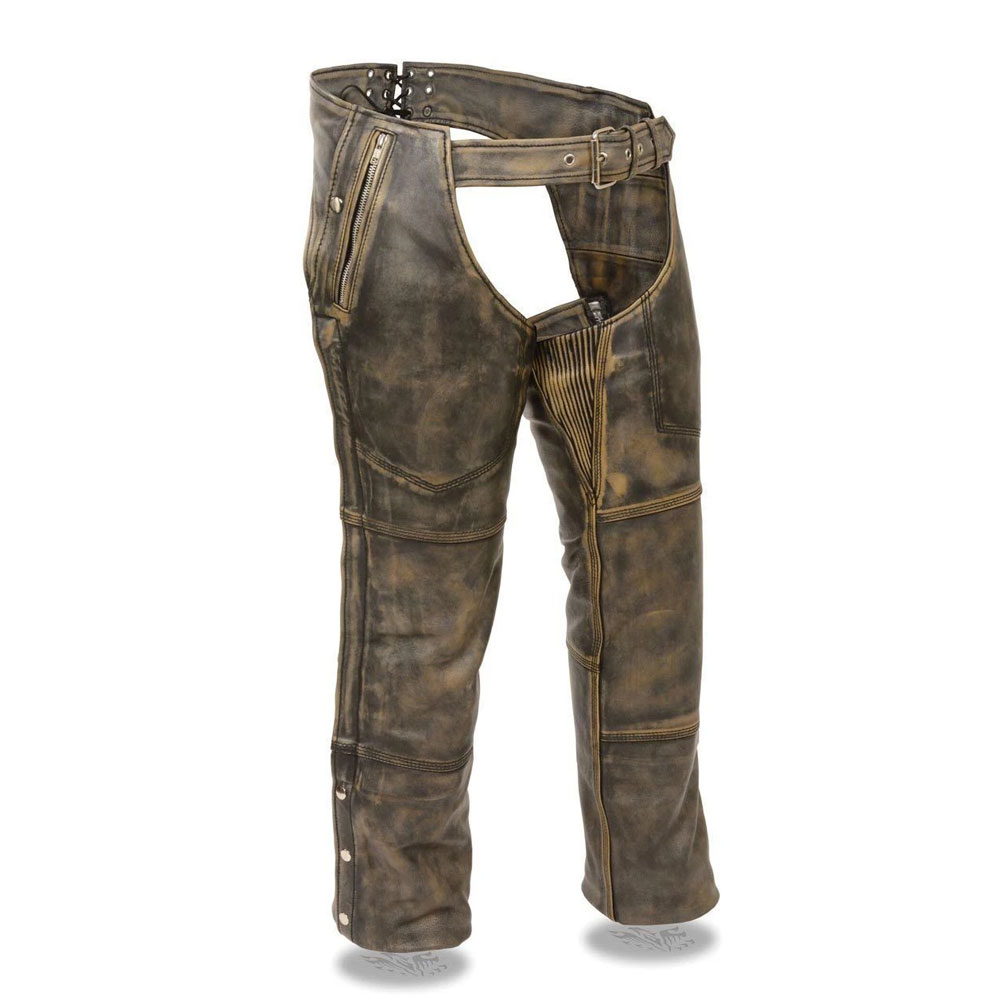 Men's Distressed Brown Four Pocket Thermal Lined Leather Chaps