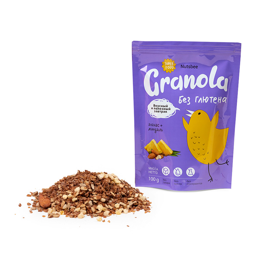 Gluten/sugar-free granola cereal muesli, healthy snack/breakfast food, consists of all natural buckwheat, pineapples and almonds