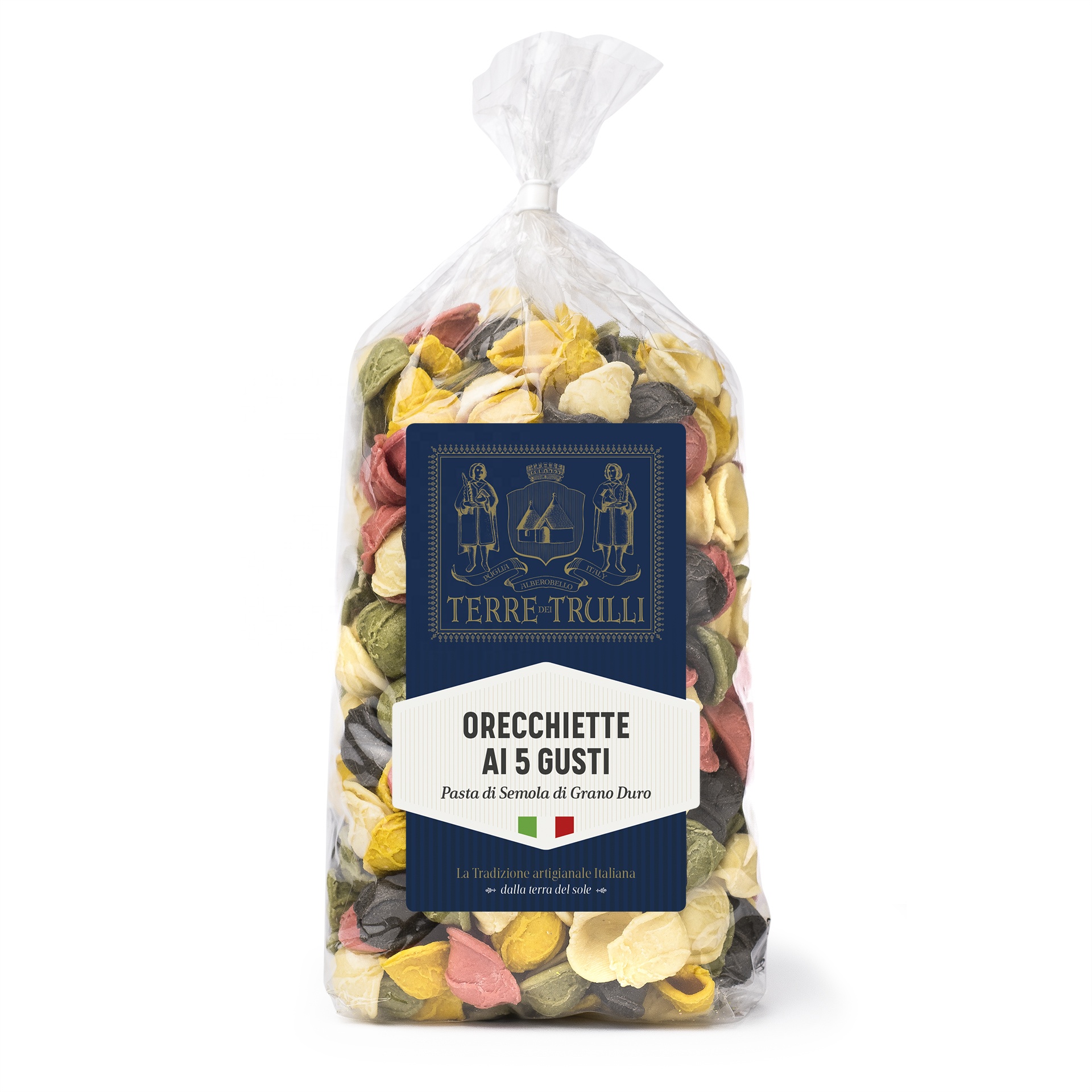 Итальянское качество, апулианская Премиум медленно высушенная паста Orecchiette с 5 ароматизаторами (Кард, шпинат, куркума, чернила кальмара, Твердая пшеница) 500 г
