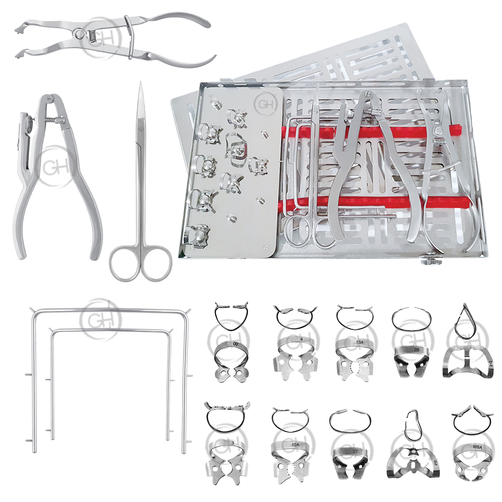 Dental Rubber Dam kit Stainless Steel Instruments Rubber Dam Frame Forceps Clamps Punch Puncher Kit