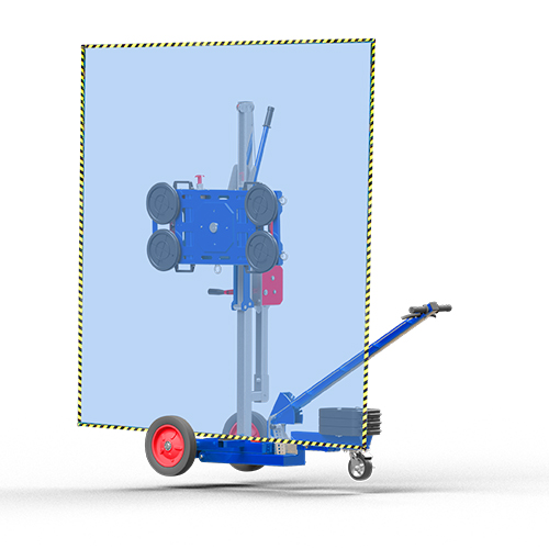 Manual vacuum grip lifting and lowering the glass sheet up and down by hand-crank winch system.