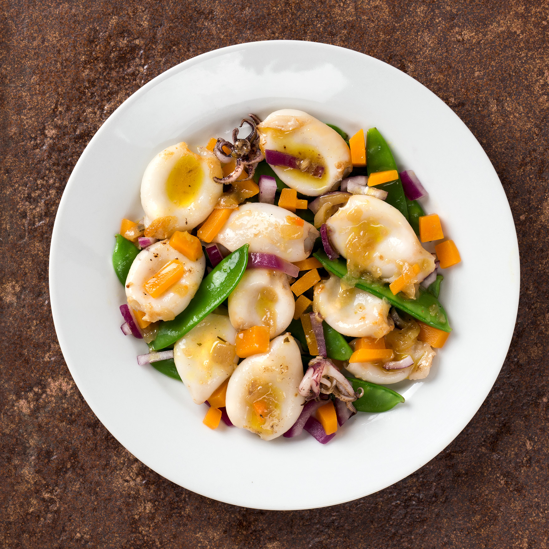 Seafood Dishes ready to eat : Squid Pelayo recipe with Vegetable Tahini , Squid Stewed in Their Ink with rice and Tuna Marmitako
