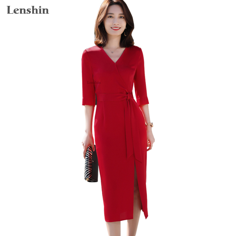 Элегантное женское платье Lenshin, модное мягкое однотонное асимметричное платье миди с высокой талией, офисное Повседневное платье с коротким рукавом, вечерние платья
