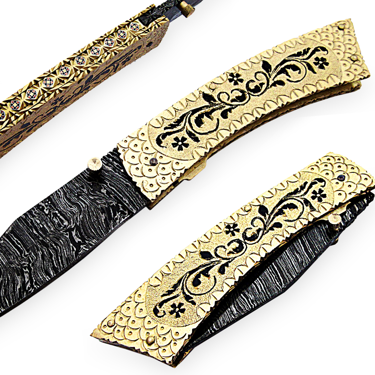 Damascus Handle Folding Pocket Knife With Damascus Twist Pattern Surface Leather Seath