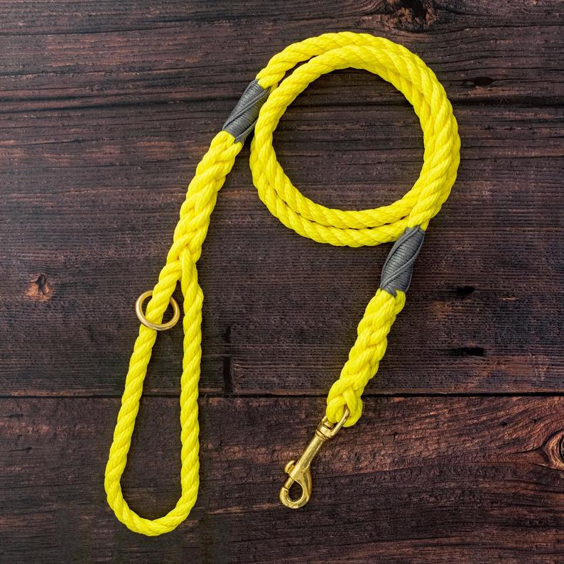 Strong yellow rope dog lead, 10mm wide rope dog leash with brass hardware