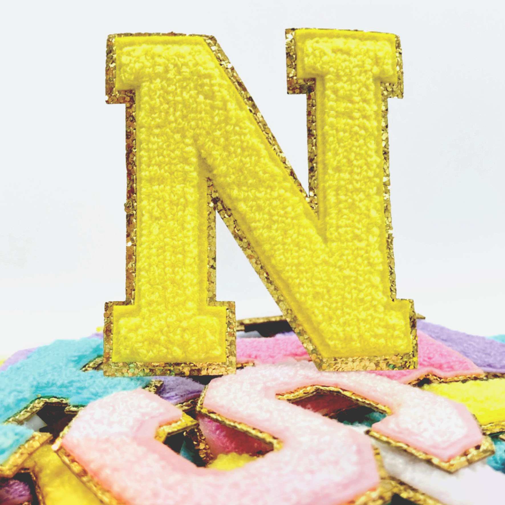 Chenille English Letter Initial A-Z Iron on Patch with Glitter Border Set