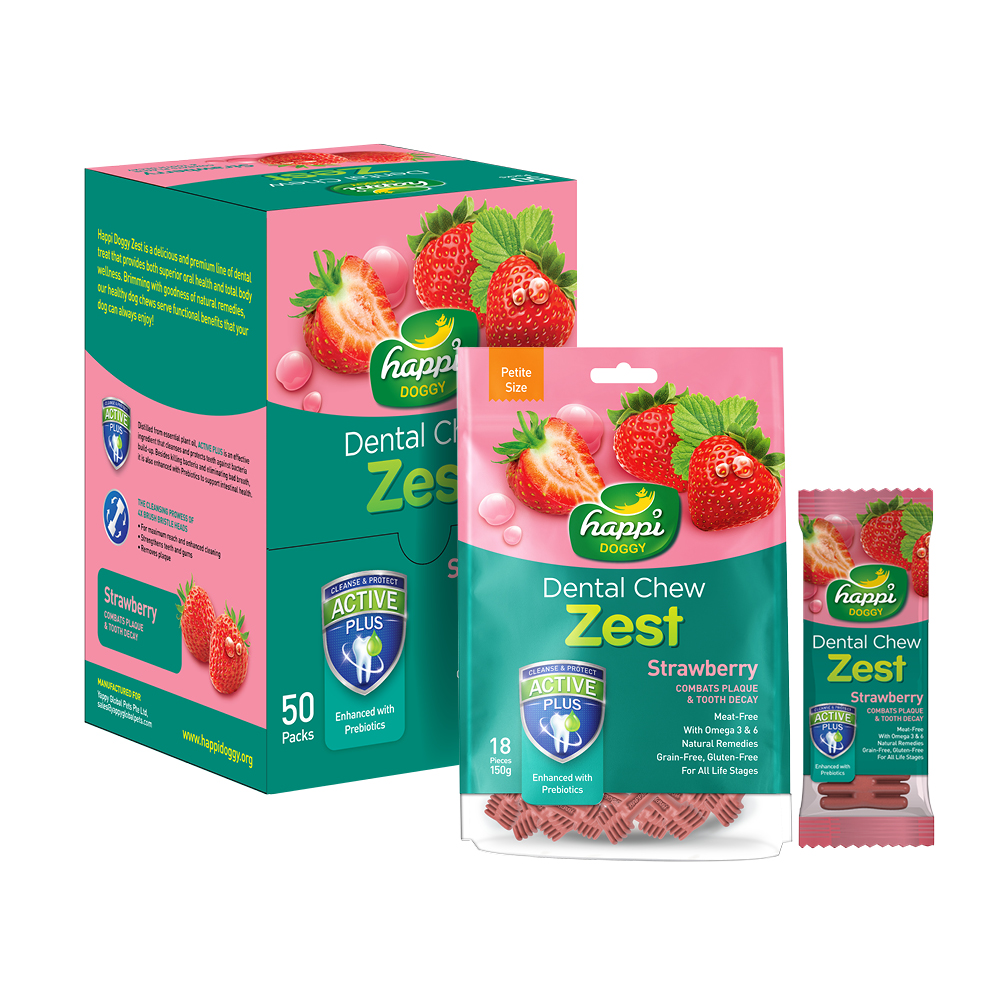 Естественное отбеливание зубов, массажные десны Happi Doggy Zest Brand Petite, 2,5 дюйма, 150 г, клубничное лечение для собак