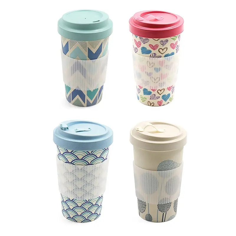 Promotional custom reusable eco friendly bamboo fiber plastic travel coffee cup with cover