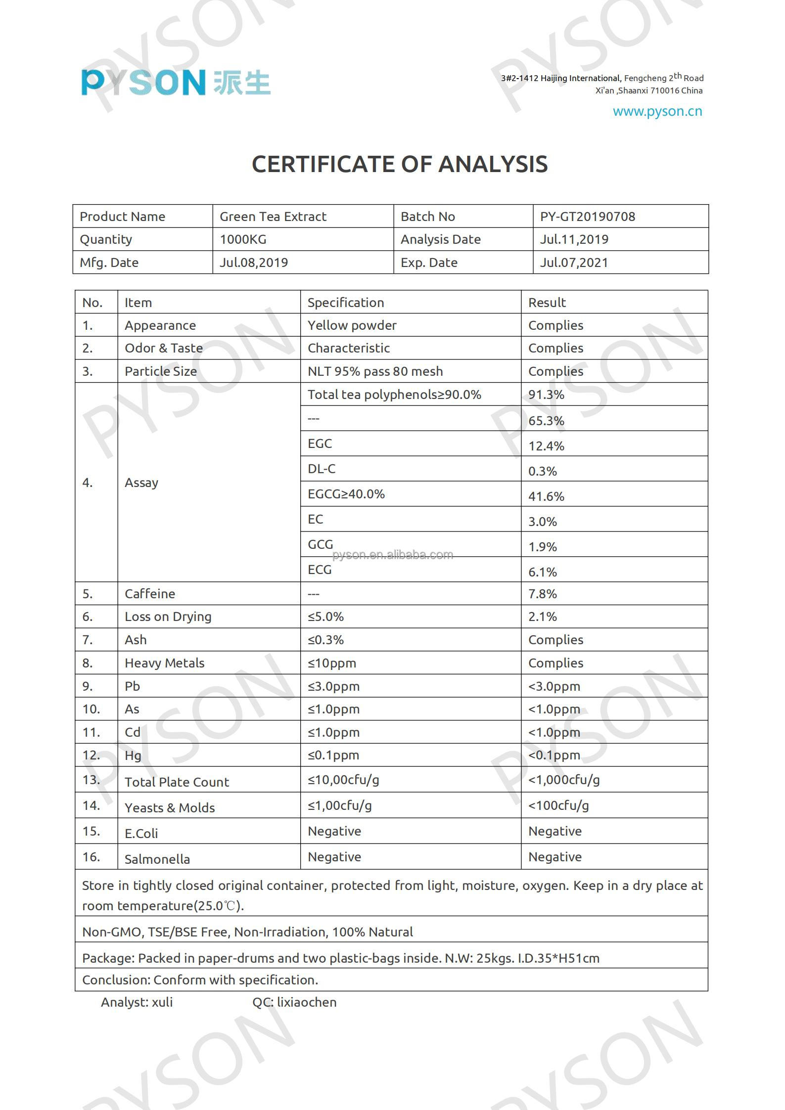 Экстракт зеленого чая, полифенолы чая 90% УФ 40% ВЭЖХ EGCG CAS 84650-60-2