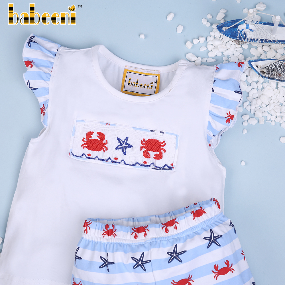 Smocked crab and starfish pattern girl short set ODM OEM wholesale smocked kids clothing girls clothing sets - BB1893