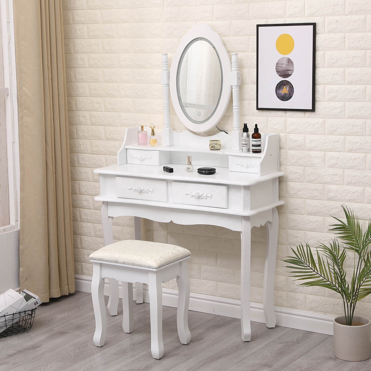 LED touch storage organizer desk vanity table and chair with lights bulbs