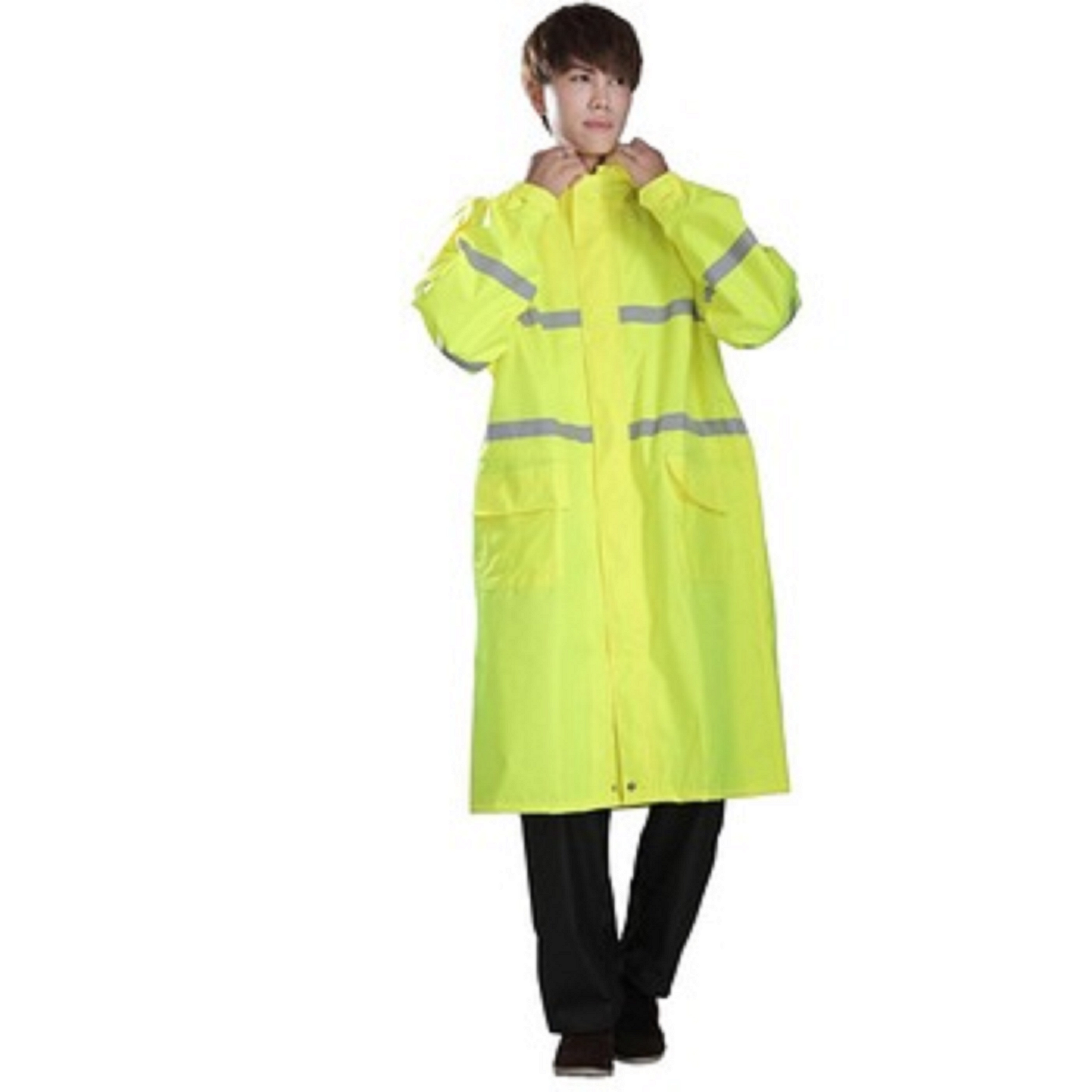 Full Body Various Sizes Full Length Yellow Safety Raincoat with Reflective Strip and Hood for Safety of Users
