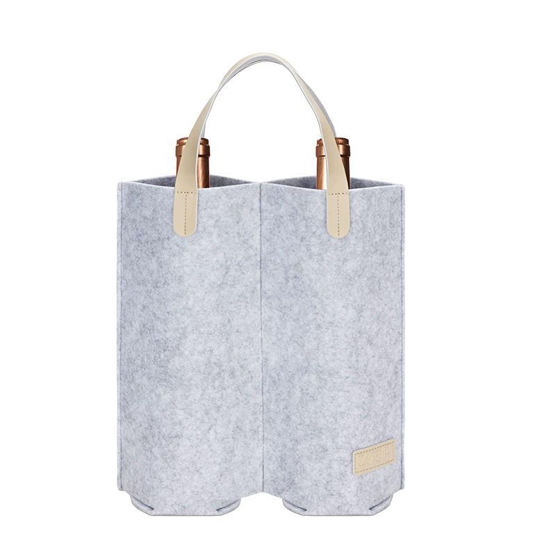 Factory Portable Felt Wine Tote Carrier 2 bottle with Leather Handle