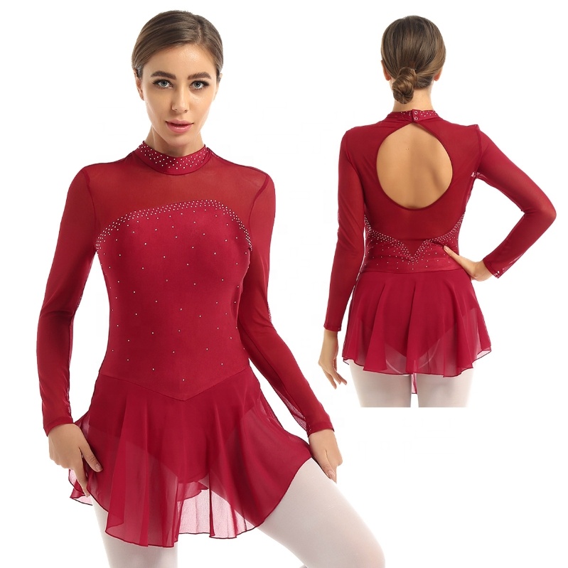 Women Adult Mesh Shiny Rhinestones Splice Bodice Figure Skating Gym Leotard Ballet Dance Costumes