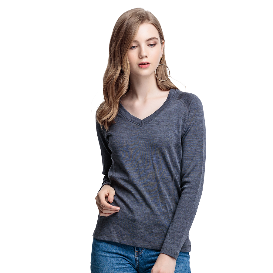 Top quality merino wool ready to ship moisture absorbing warm thermal V neck long sleeve inner outer T shirt for Woman