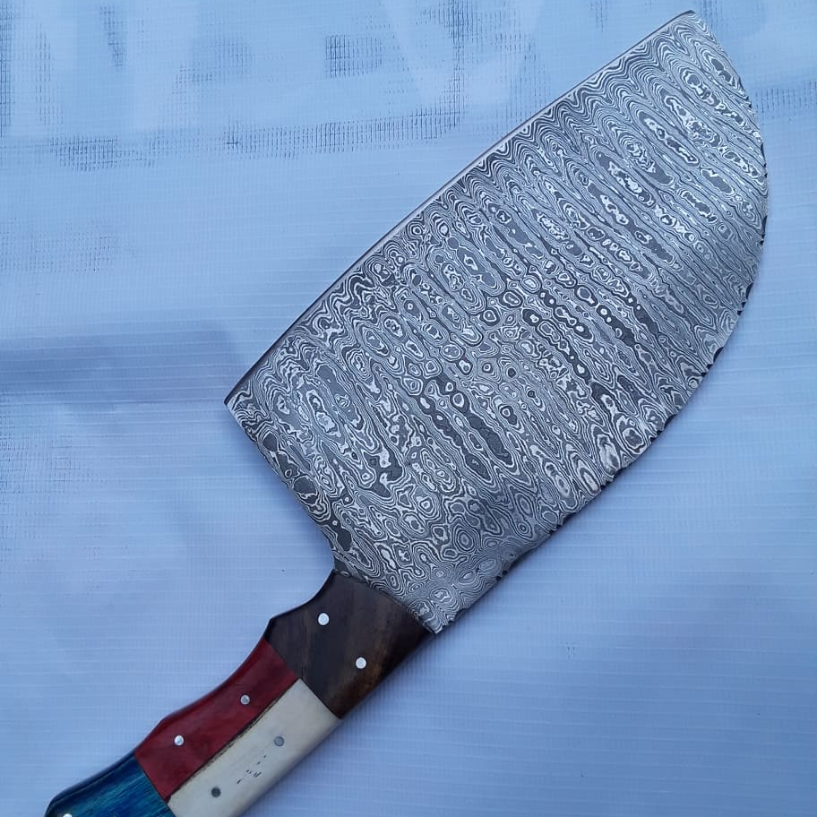 Damascus Custom Handmade Cleaver Knife With Bone And Wood Handle
