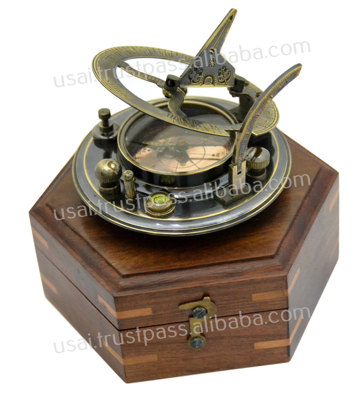 Brass Compass, BRASS ROUND SUNDIAL COMPASS WITH HEXAGON WOODEN BOX - 3.5 X 3.5 X 1