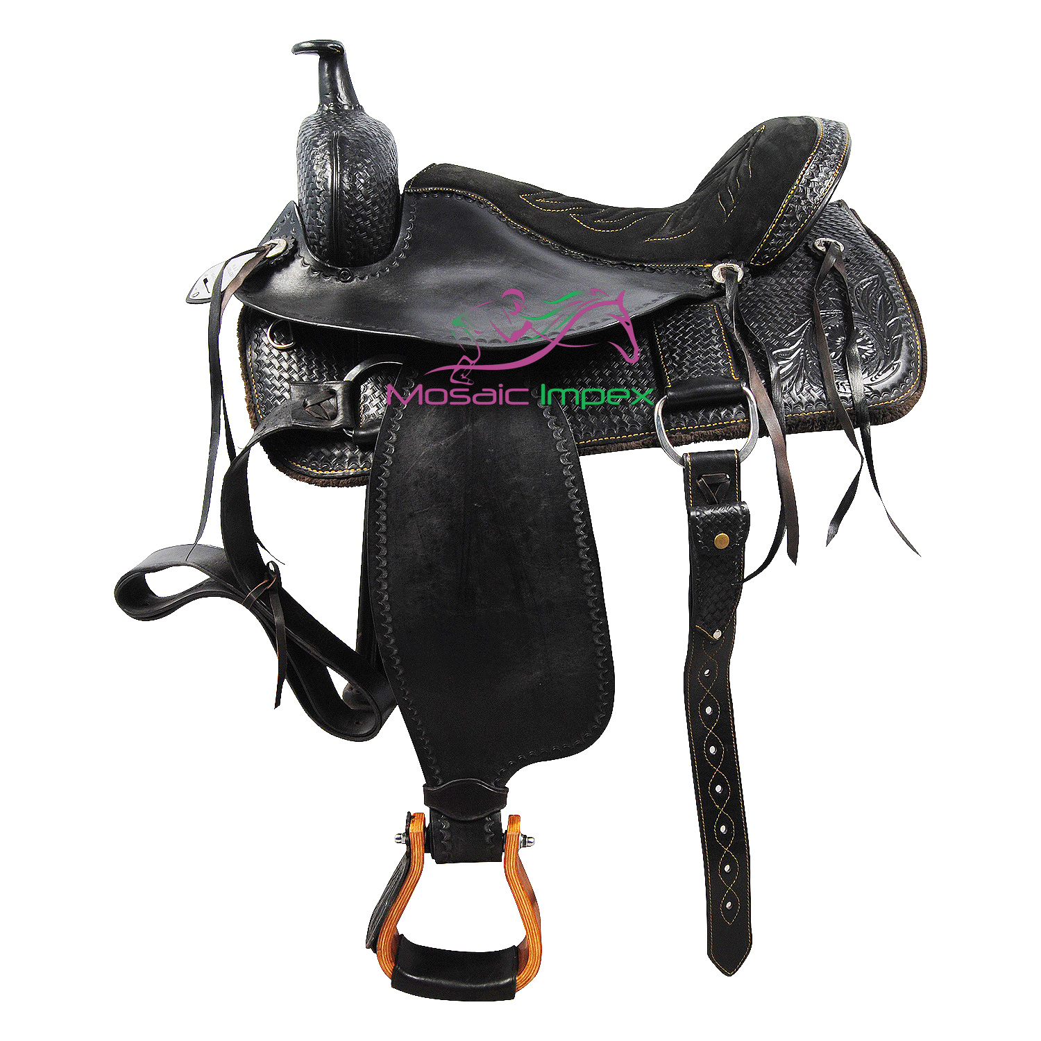 Mosaic Impex Western Treeless saddle with soft leather-High Quality more Flexible black Western treeless Saddle