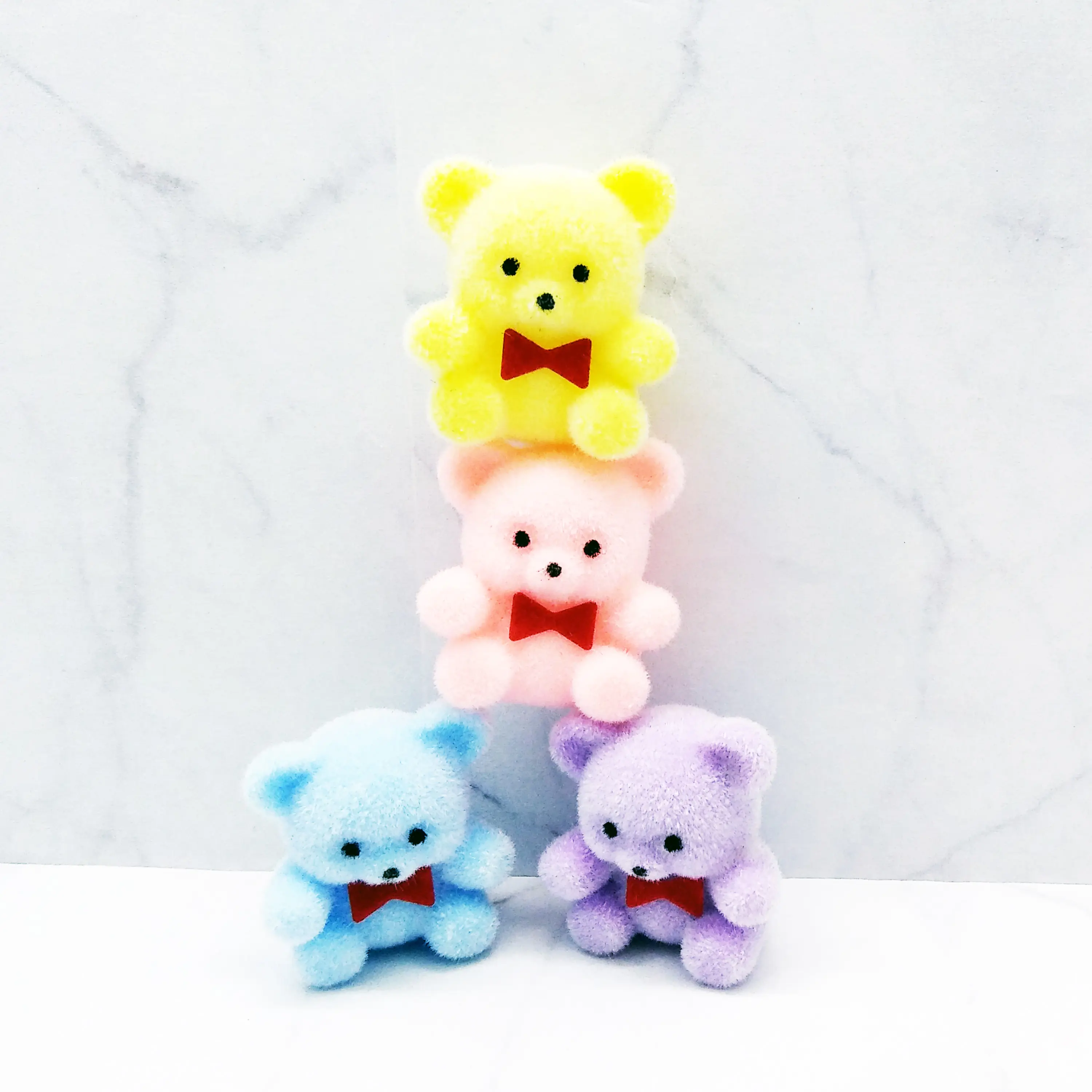 Miniature 2022 Flocking Bear 1" WITH BOW Pastel Colors