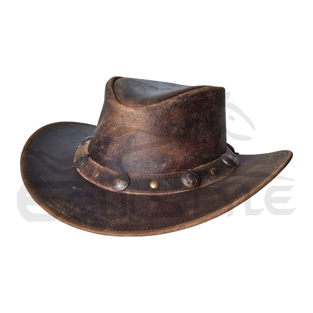 Mens Leather Cowboy Hats Camel Brown Crazy Leather & Conchos Fabulous For Outdoor Hunting Travelers Customize Size Wholesale OEM