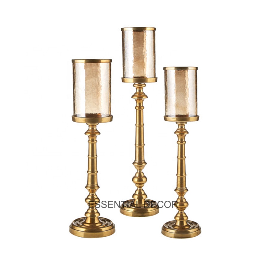 Gold Metal Pillar Hurricane Candle Holder