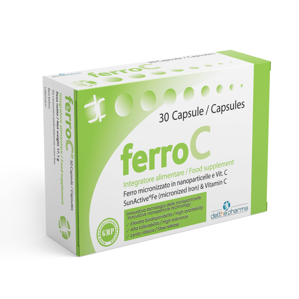 Iron supplement and Vitamin C high dosage capsules gluten free and lactose free made in italy