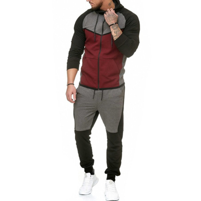 Patchwork fleece hoodie and trouser suit leisure sport two pieces men tracksuits