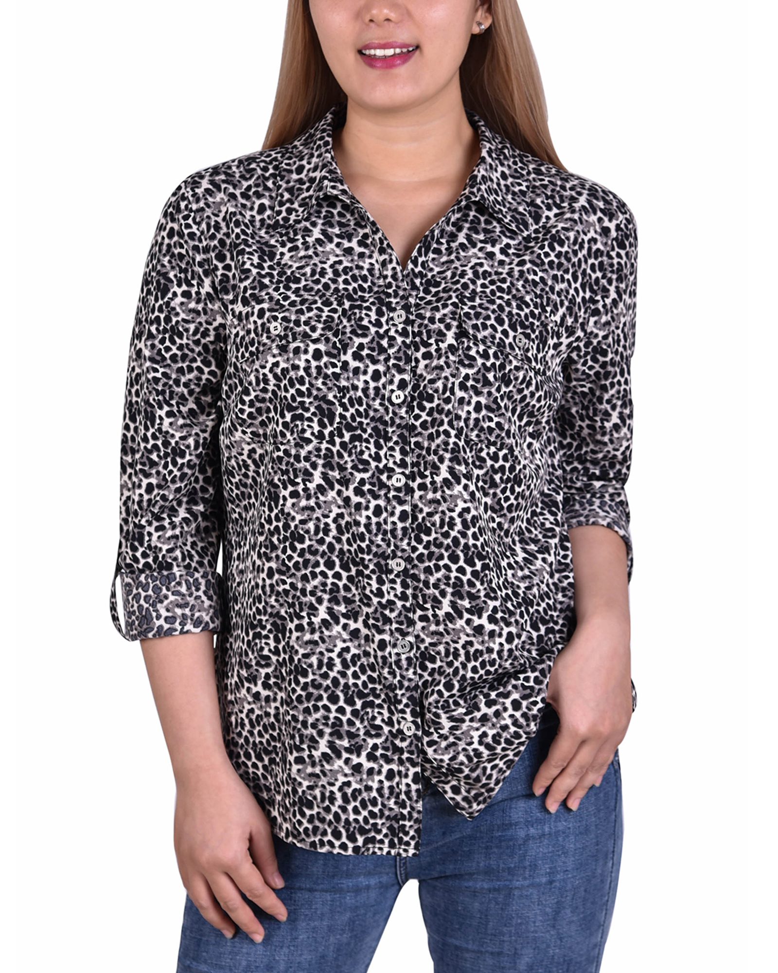 3/4 Roll Tab Sleeve Blouse With Chest Pockets Grey Snowcat