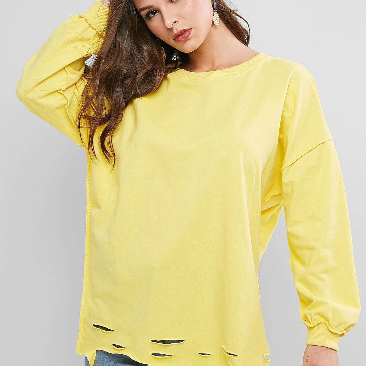 Distreesed Oversized Drop Shoulder ladies Light Color Long Sleeve Sweatshirt