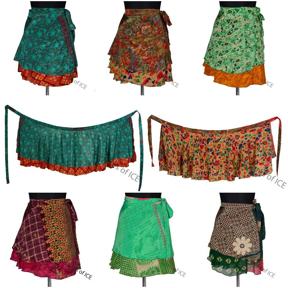 Beautiful Double Layer Vintage Silk Skirt Women mini Wrap Bohemian Skirt Gypsy Hippie Boho Up cycled Flamenco Wrap Skirt