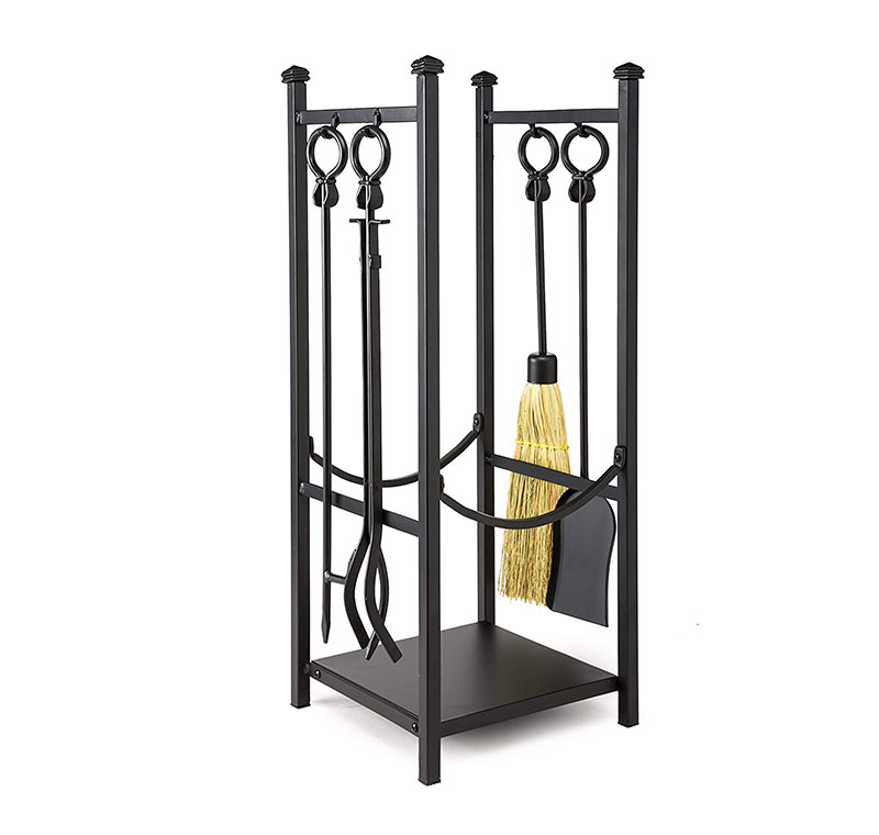 wholesale China Supplier Antique Brass Square Black Firewood Rack with Hanging 4 Fireplace Accessories Tools