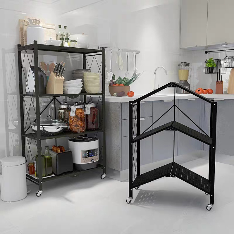 Wholesale Supply Black Metal Wire 3-Tier Folding Kitchen Corner Trolley Storage Shelf/ Kitchen Shelf Organizer