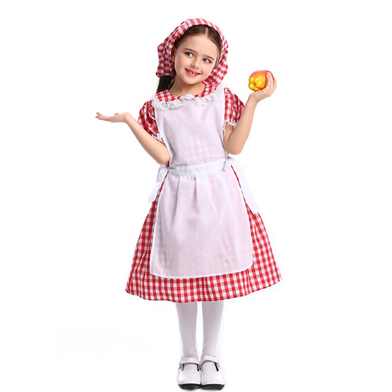 Farm Halloween Fairy Tale Kids Girl Lace Red Plaid Beer Dress Outfit Cosplay Little Maid Costume