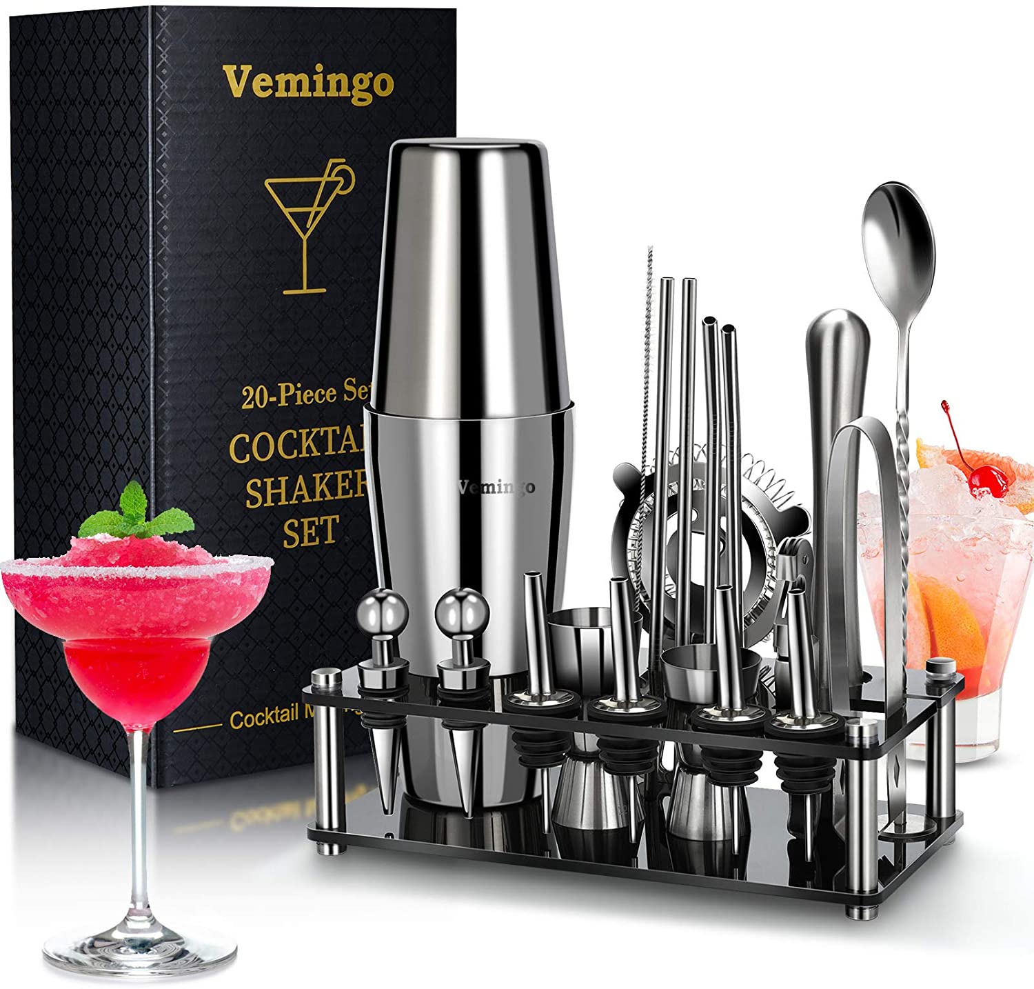 20 Piece Stainless Steel Cocktail Shaker Set Bartender Kit 25oz Boston Shaker Tool Set with Acrylic Stand and Recipes Parties