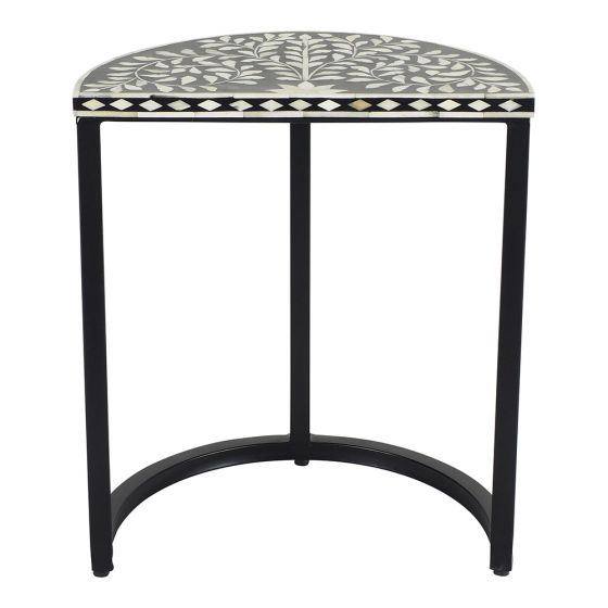 BONE INLAY HALF ROUND FLORAL BLACK SIDE TABLE INDIAN HANDMADE