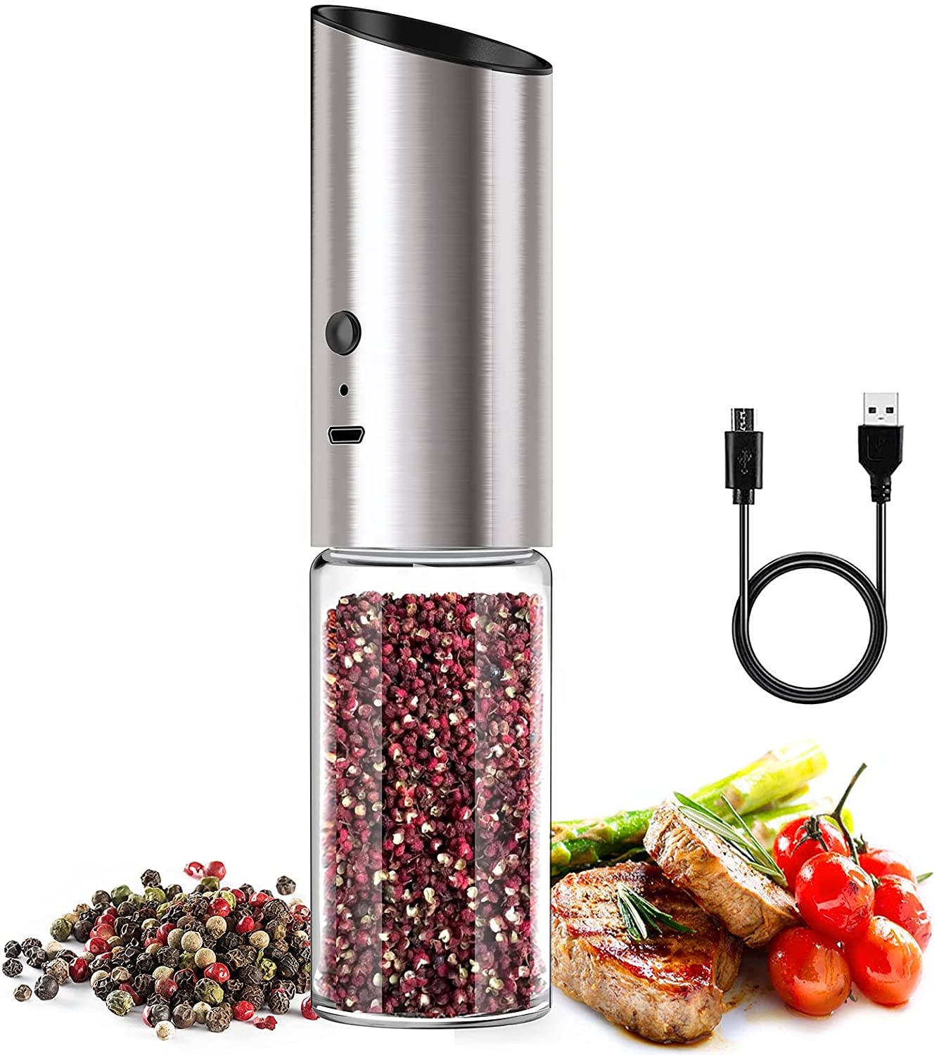 2021 Latest USB Rechargeable Salt and Pepper Grinder Set Stainless Steel Salt and Pepper Grinders Refillable Gravity Electric