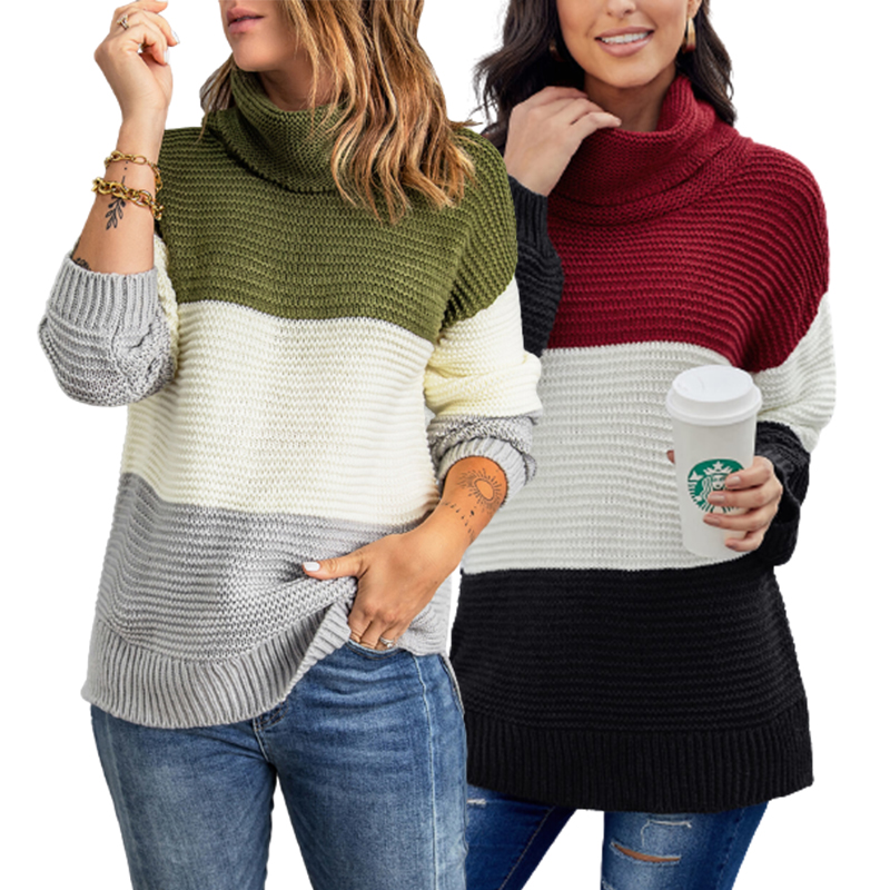 High Quality Chenille Sweaters Color Block Pullover For Women Turtleneck Knit Sweater