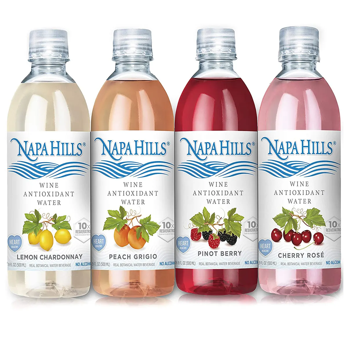 Natural Flavored Napa Hills Wine Variety Flavored Non Alcoholic Resveratrenriched Drink 3 Lemon 3 Berry 3 Peach 3 Cherry 12 Pack