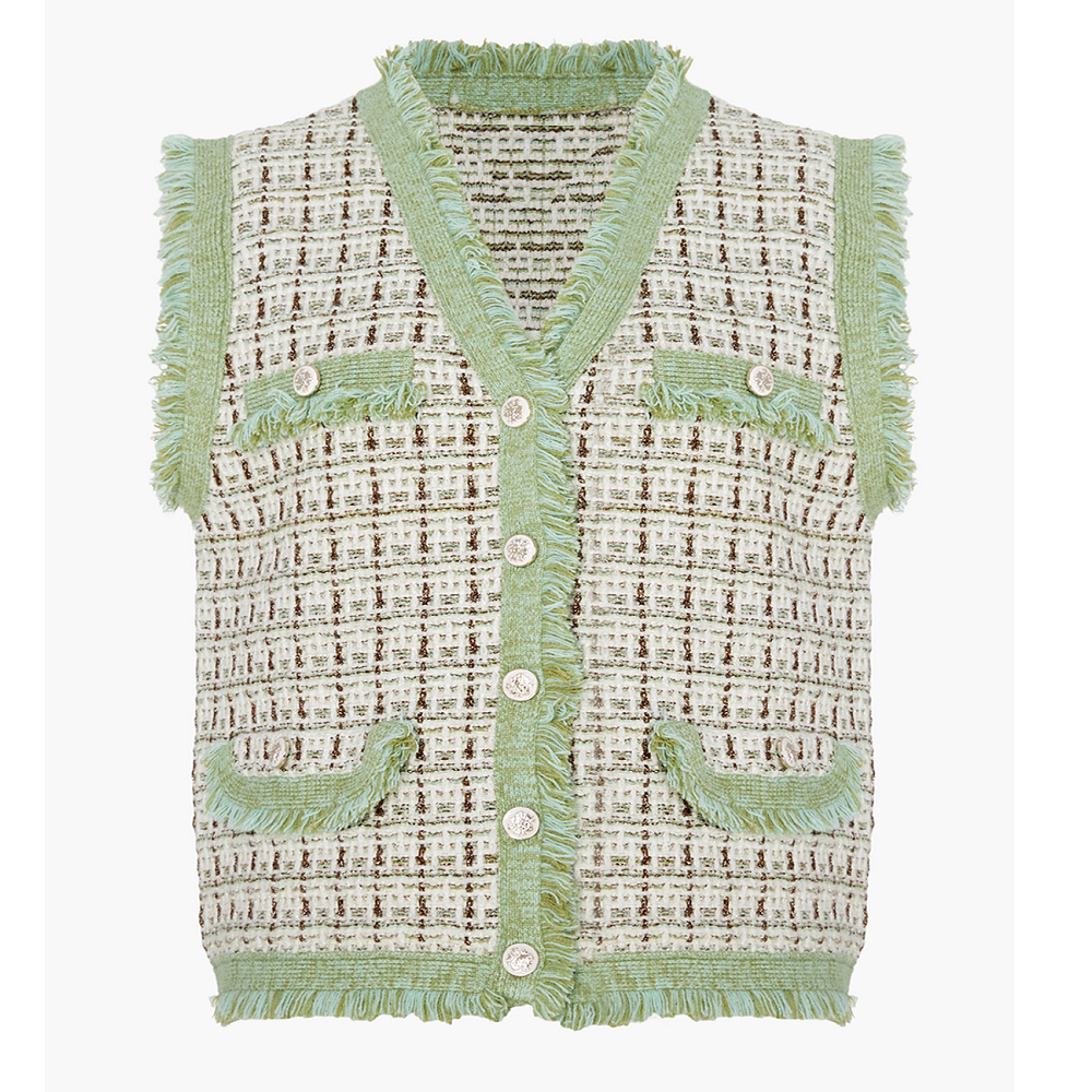 Best Quality Knitted Tweet Pattern Multiple Colors Knitted Tweet Vest with Faux Pockets and Fringe Trim