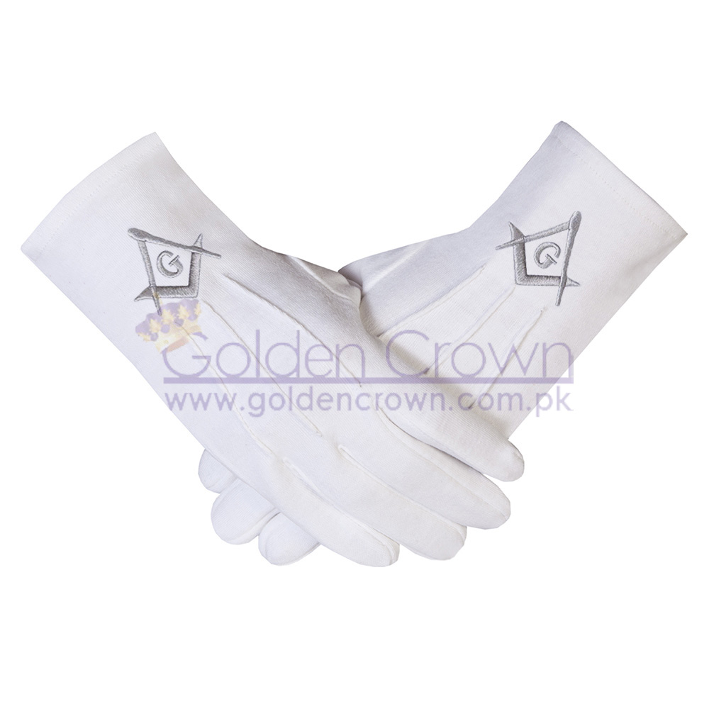 Freemasons Masonic Gloves in Cotton in Silver Embroidered Square Compass and G SC&G | Masonic Regalia Parade Gloves Supplier