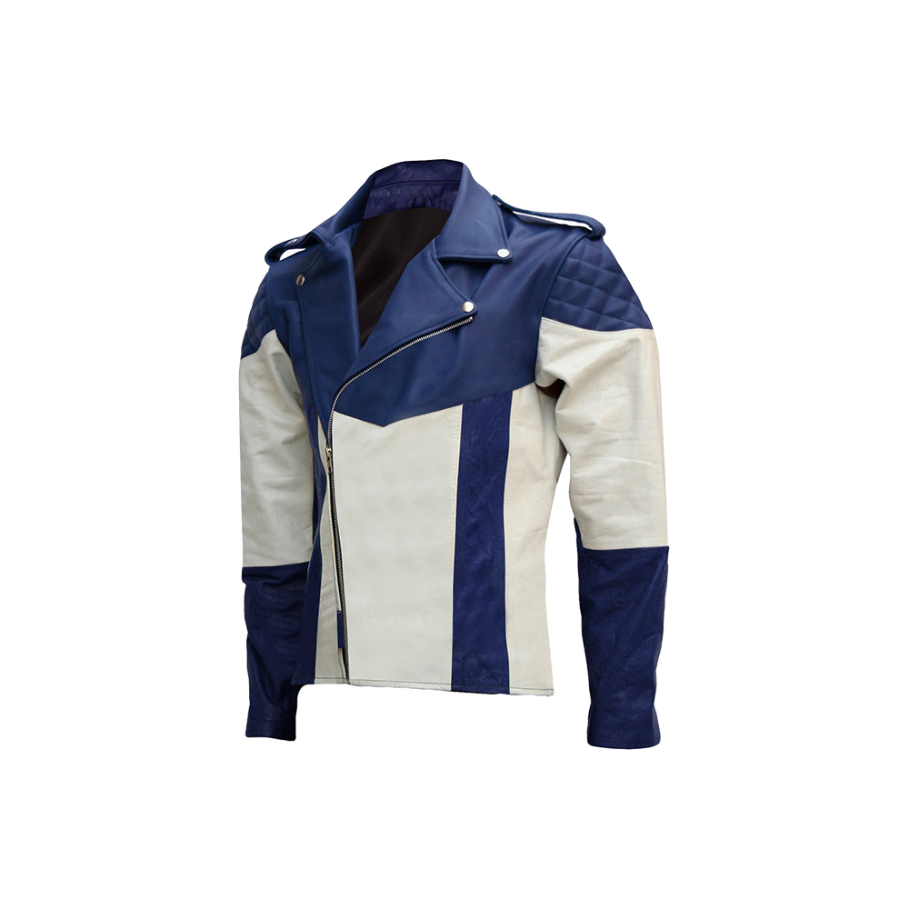 Blue White Genuine Leather Biker Jacket/Men's Biker Genuine Cowhide Leather Jacket/Latest White Blue Sheep Leather Jackets