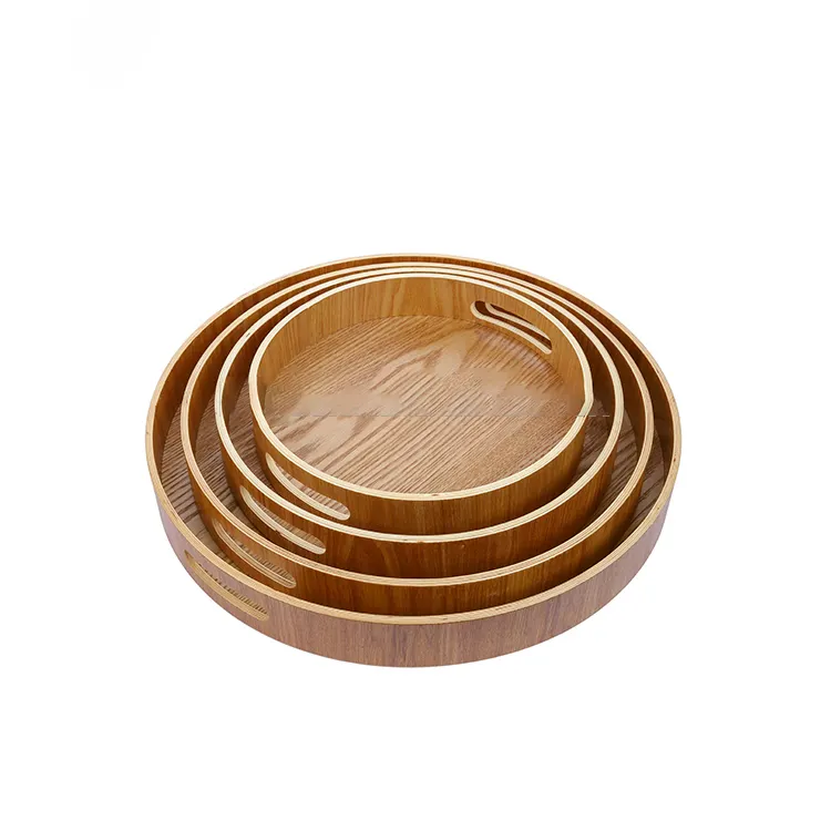 Заводская цена изогнутый круглый ореховый деревянный фанерный поднос для подачи еды с ручками