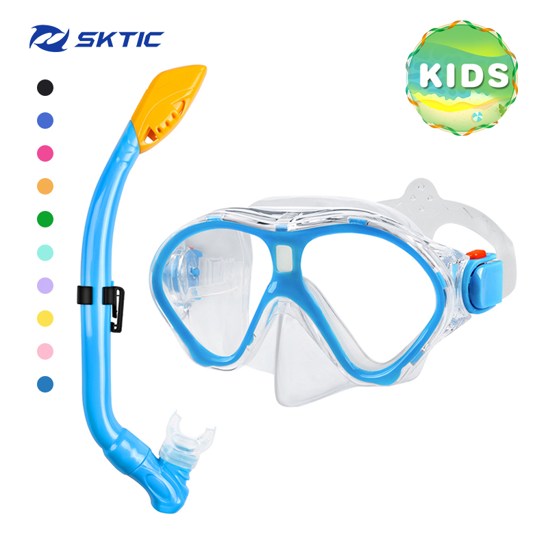 SKTIC Supplier direct price blue tempered lenses scuba diving mask adjustable silicone diving goggles and snorkel for kids