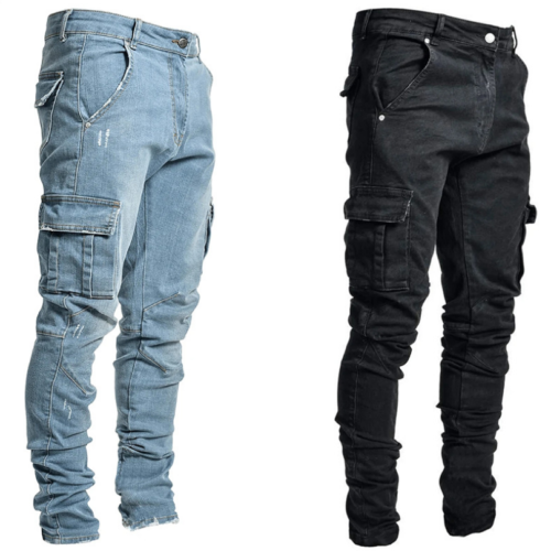 Popular solid jeans men's side pocket small foot tight jeans men's latest fashion slim jeans pants