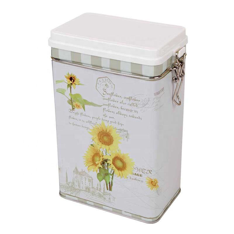 Food Grade Multifunctional Square Tin Can With Flower Design With Plastic Lid