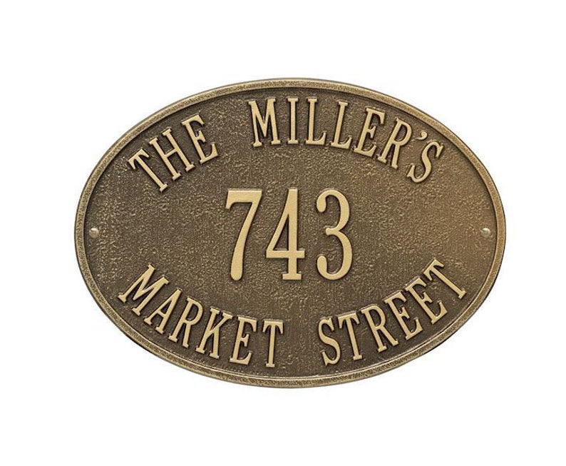 Personalized address plaque - custom 3-lines Oval shape Cast brass Bronze finish Hawthorne house number wall signs & plaques.