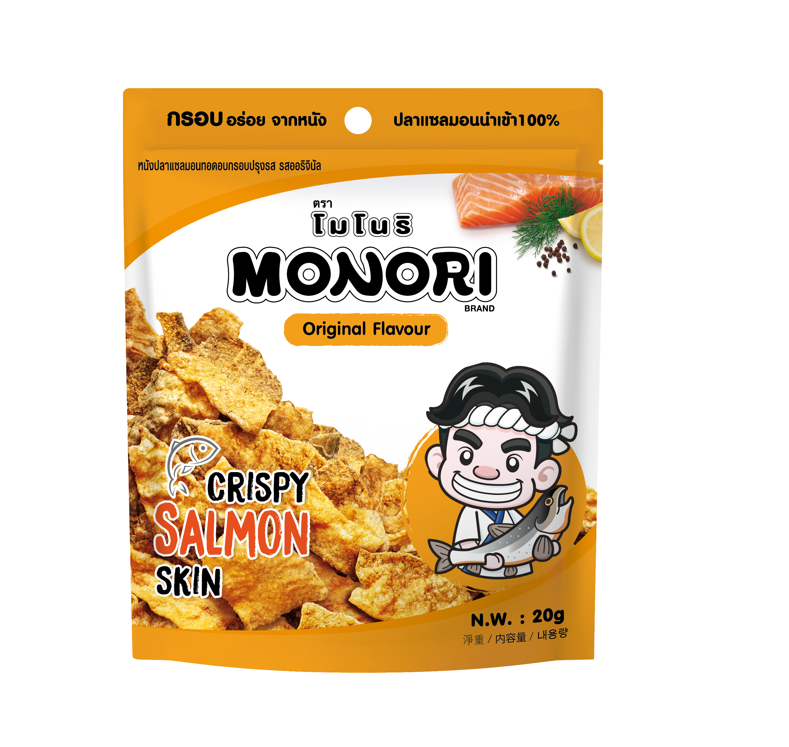 Хрустящие закуски из лосося фирменного бренда MONORI с оригинальным вкусом 20 г.